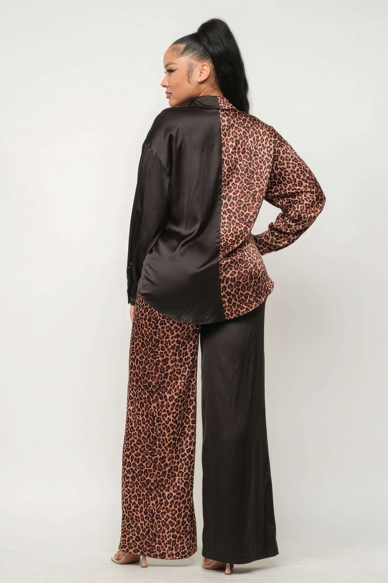 Half Animal Print And Half Solid Top And Pants Set - The Diva Goddess