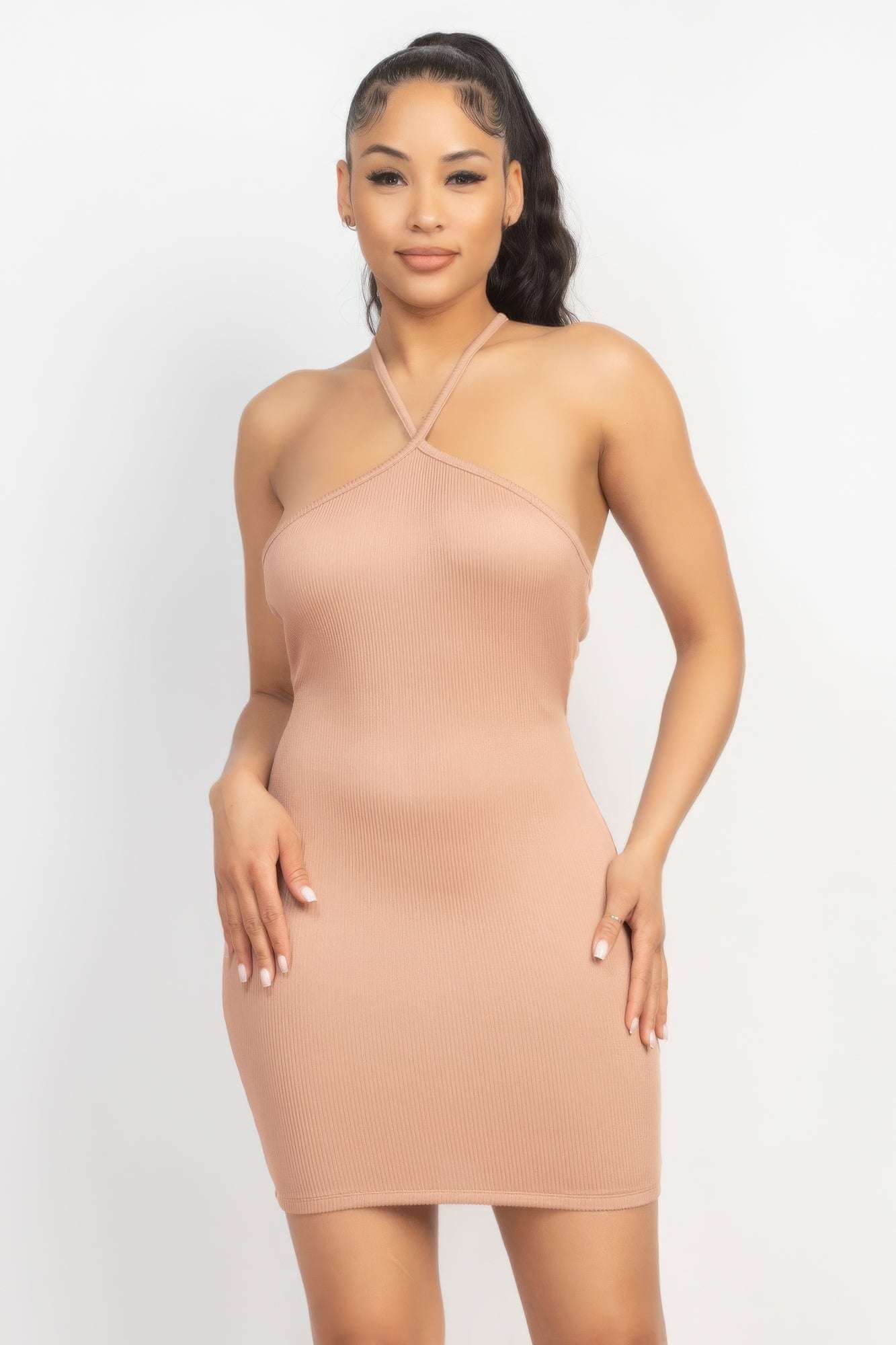 Halter Neck Ribbed Seamless Cut-out Dress - The Diva Goddess