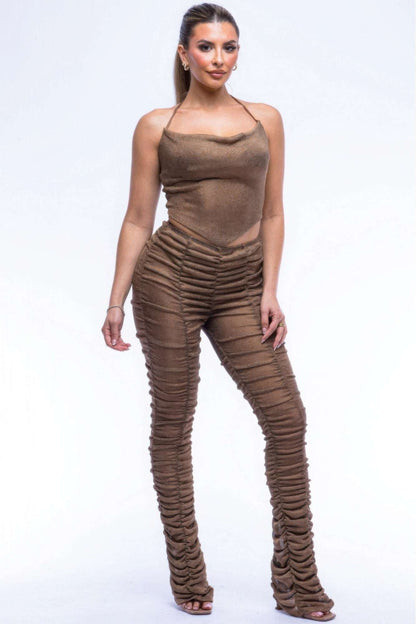 Halter Top Ruched Pants Set - The Diva Goddess