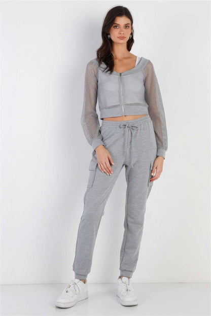 Heather Grey Contrast Fishnet Zip-up Top & Pants Set - The Diva Goddess