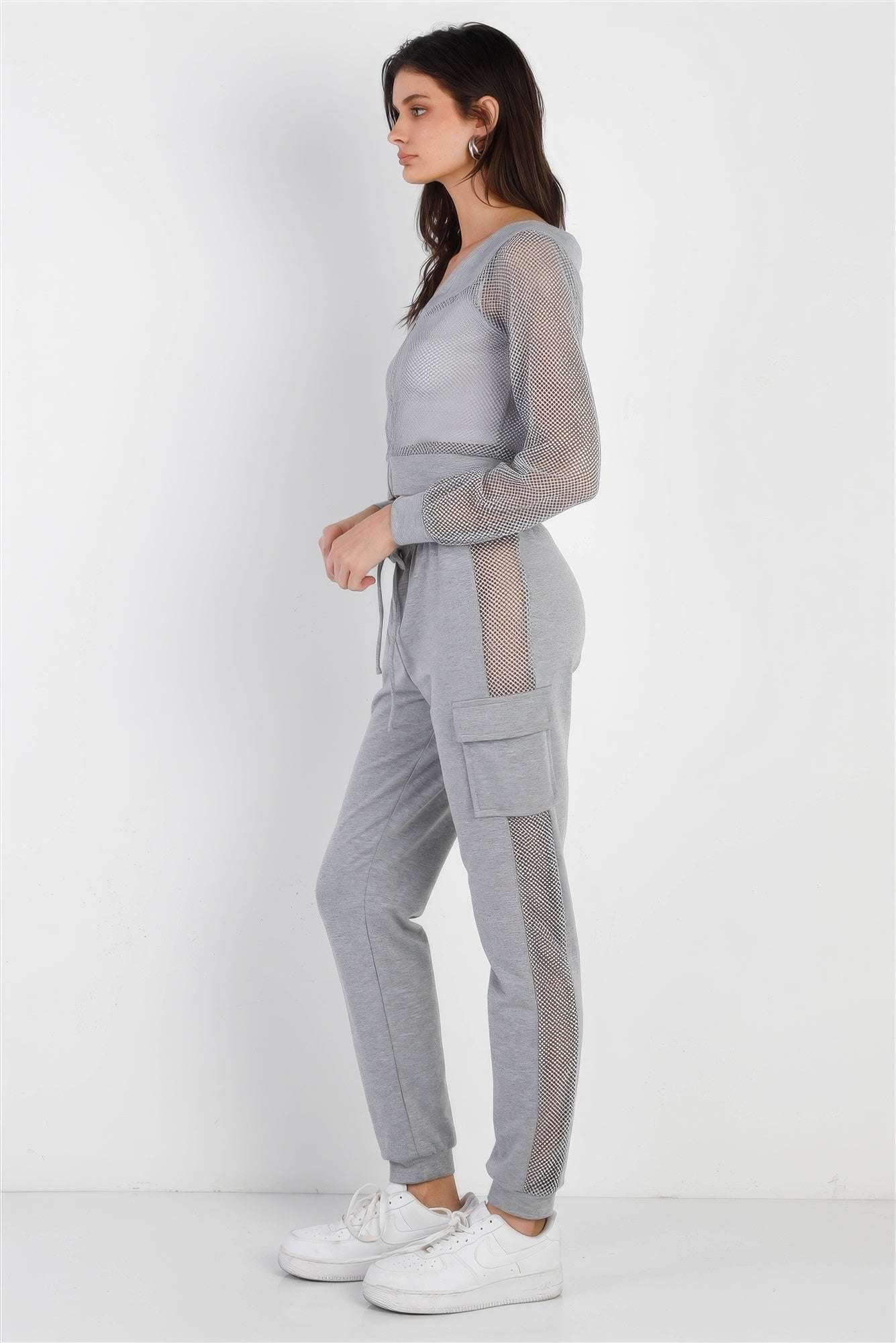 Heather Grey Contrast Fishnet Zip-up Top & Pants Set - The Diva Goddess