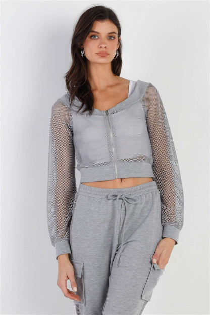 Heather Grey Contrast Fishnet Zip-up Top & Pants Set - The Diva Goddess