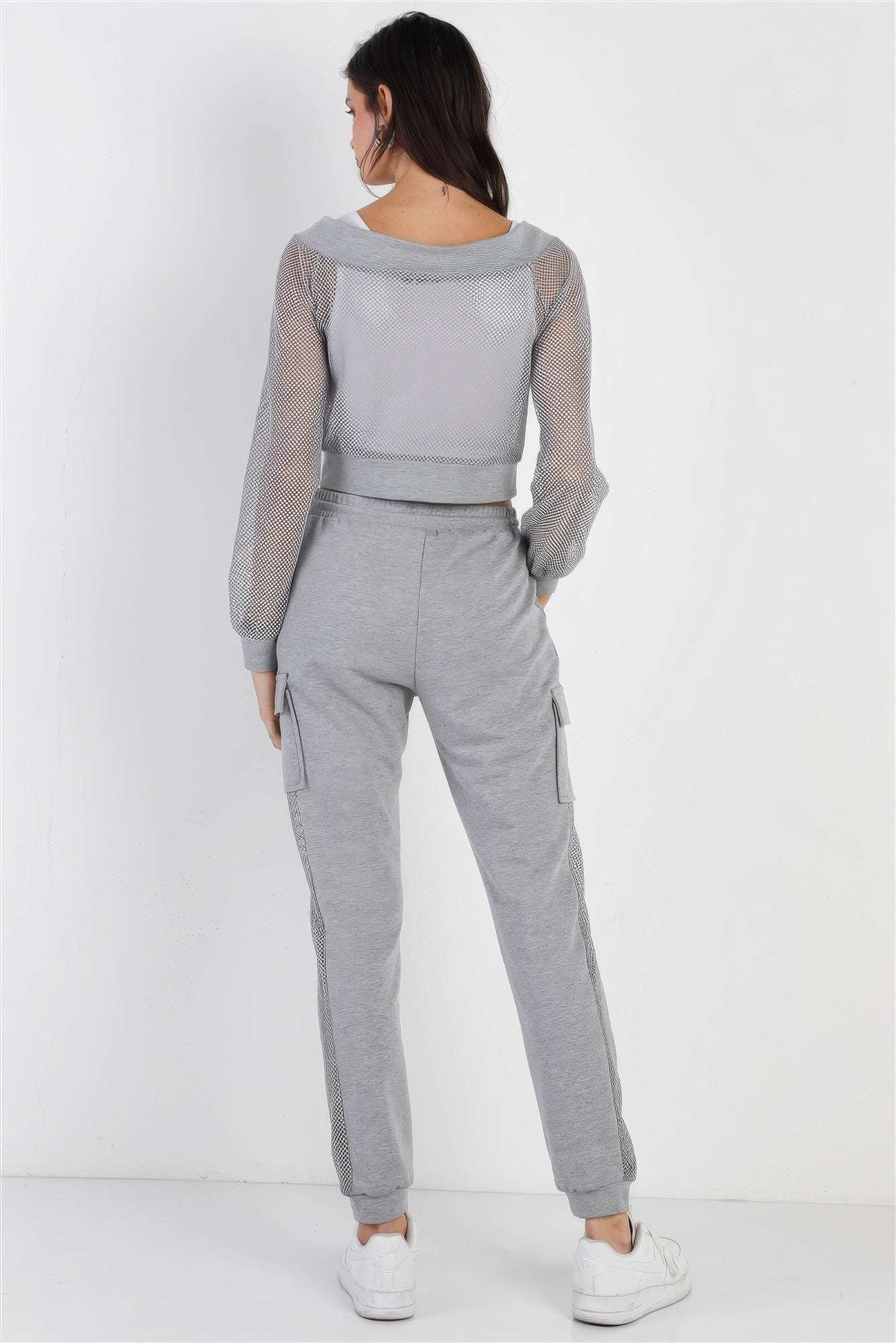 Heather Grey Contrast Fishnet Zip-up Top & Pants Set - The Diva Goddess