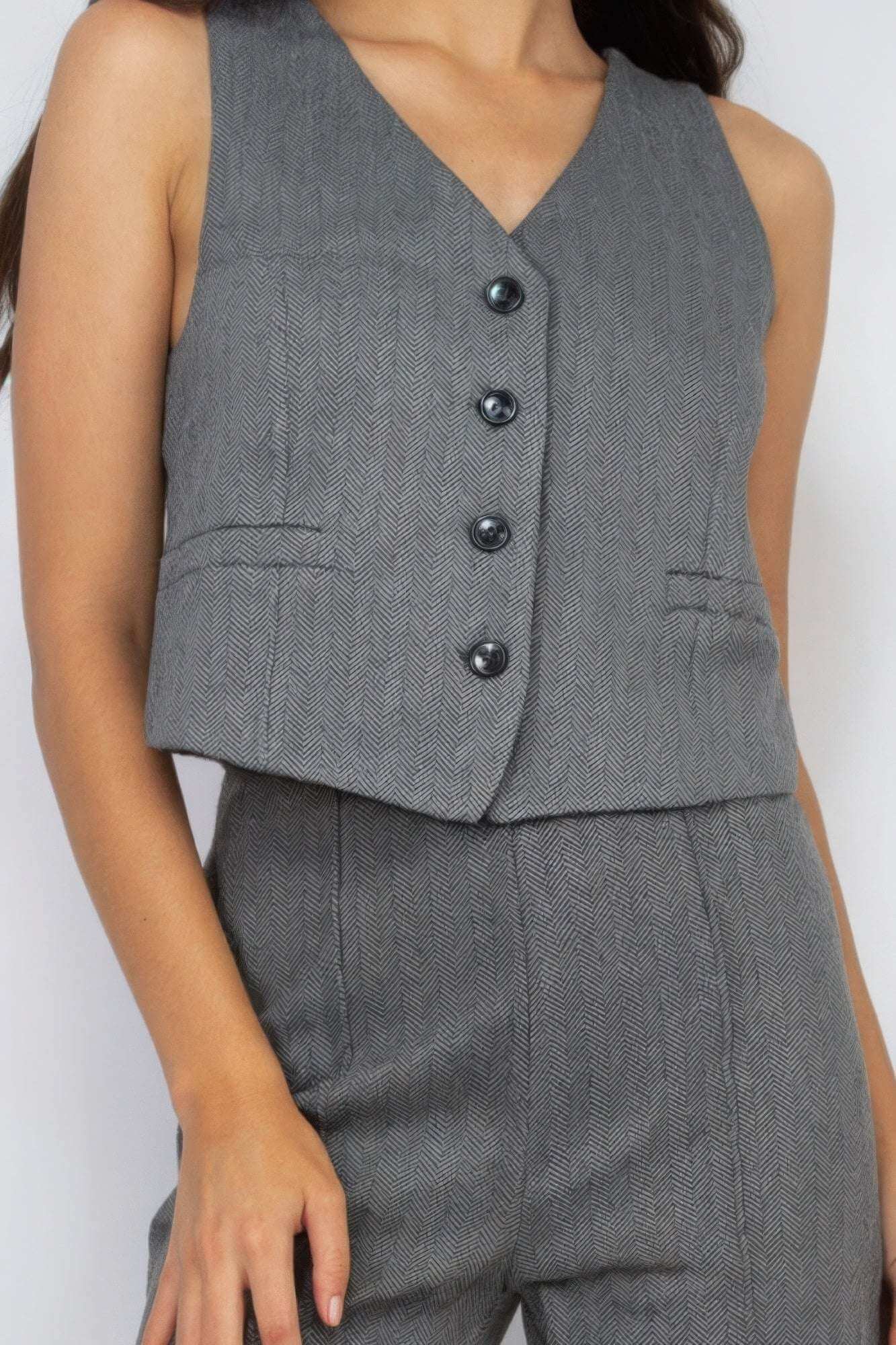 Herringbone V-neck Buttoned Vest Top - The Diva Goddess