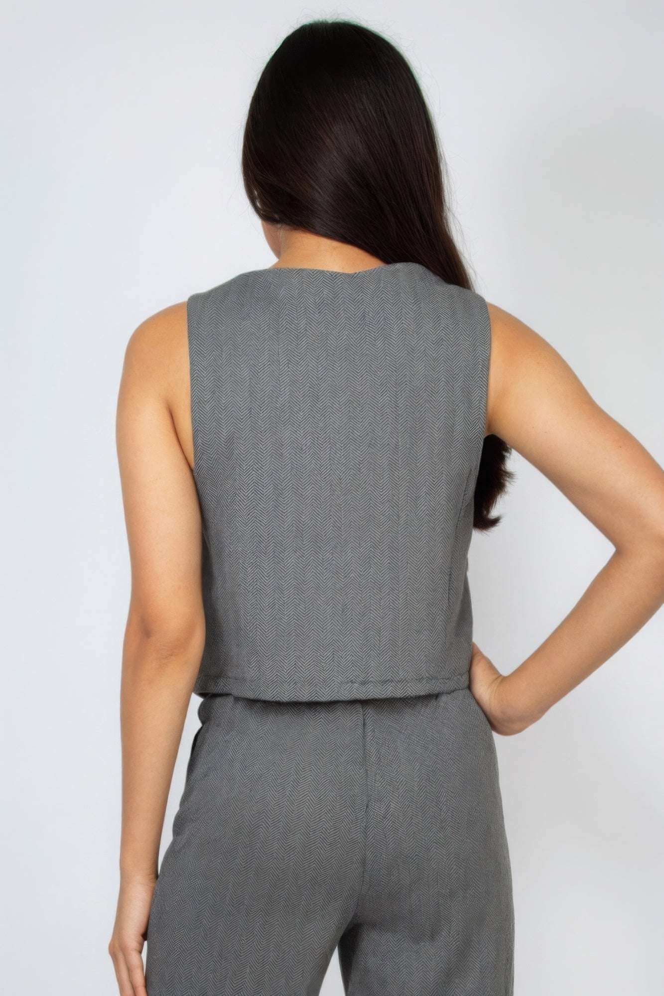 Herringbone V-neck Buttoned Vest Top - The Diva Goddess