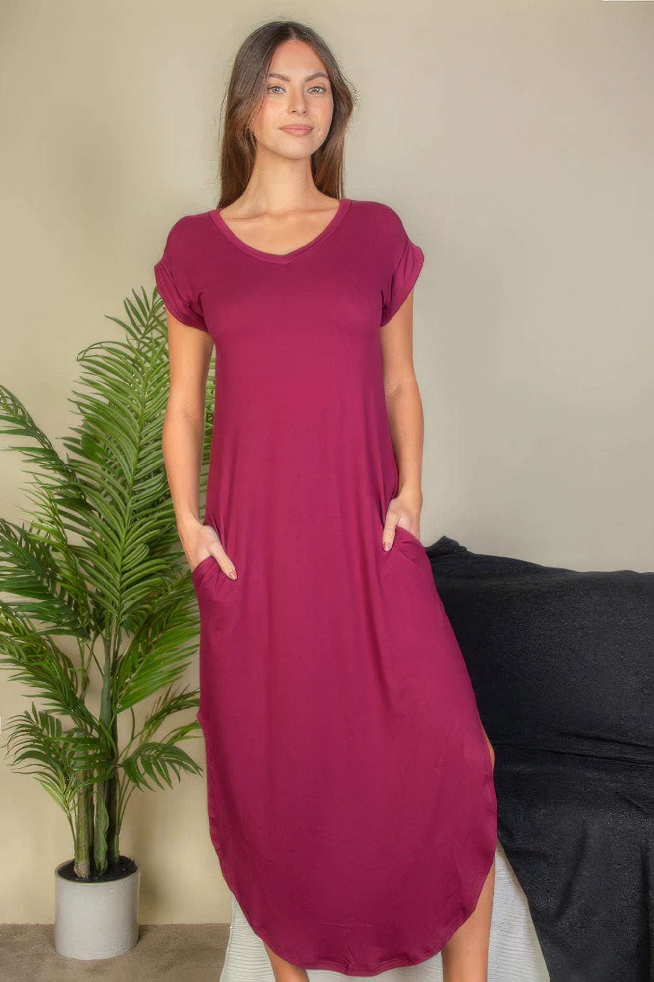 Hidden Pocket Batwing Sleeve V Neck Long Dress - The Diva Goddess