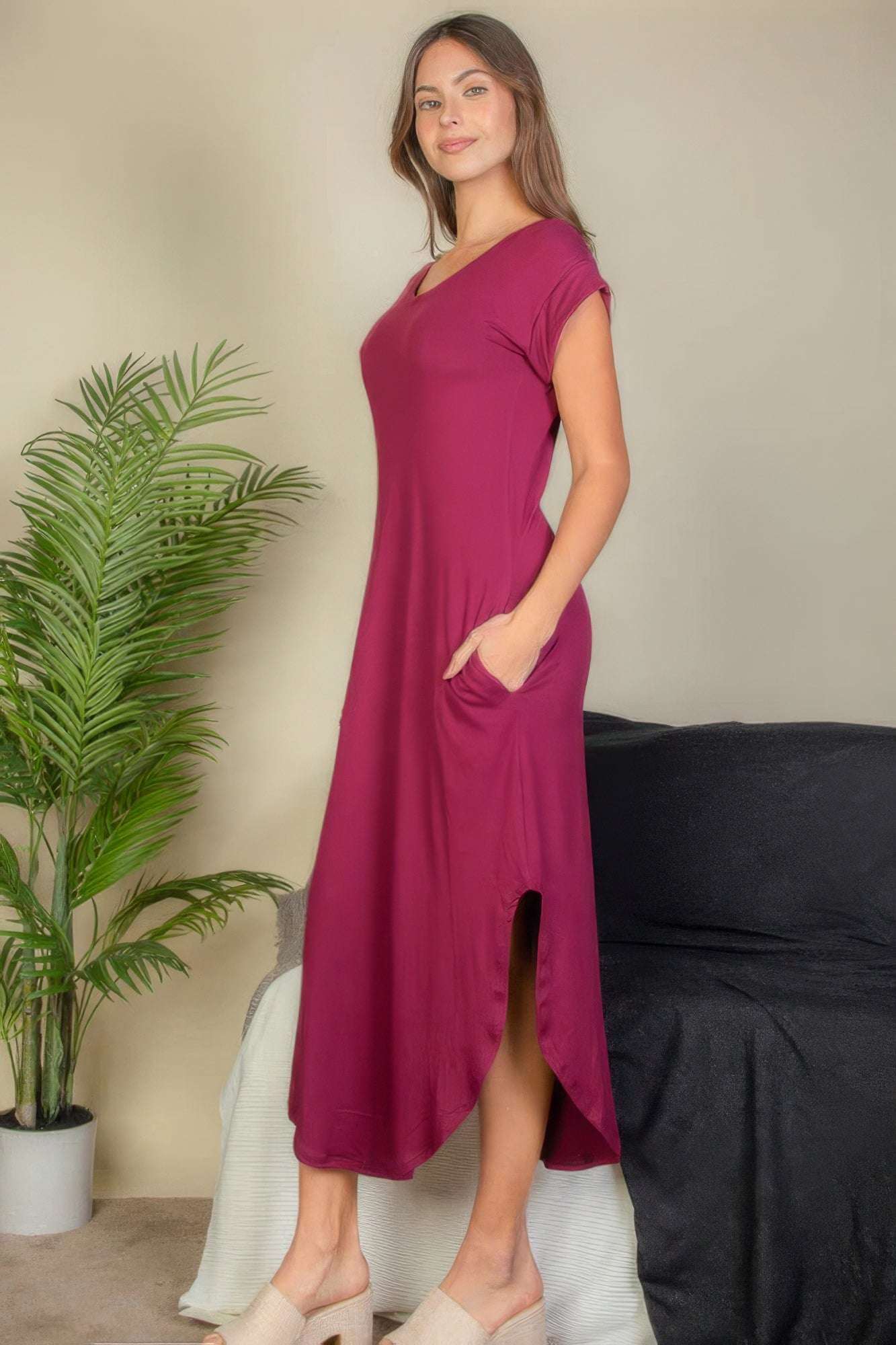 Hidden Pocket Batwing Sleeve V Neck Long Dress - The Diva Goddess