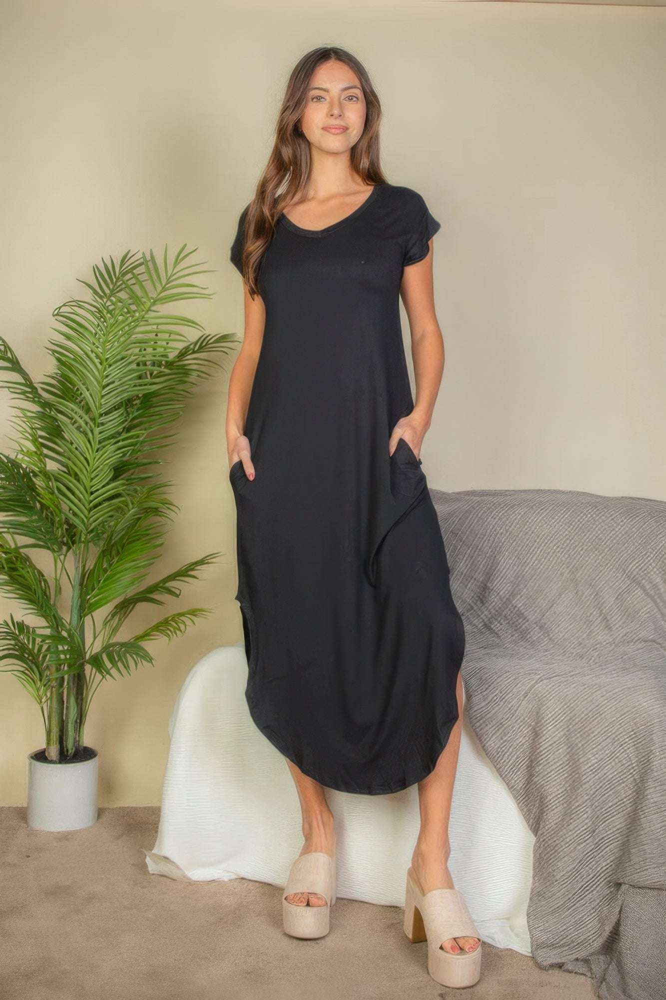 Hidden Pocket Batwing Sleeve V Neck Long Dress - The Diva Goddess