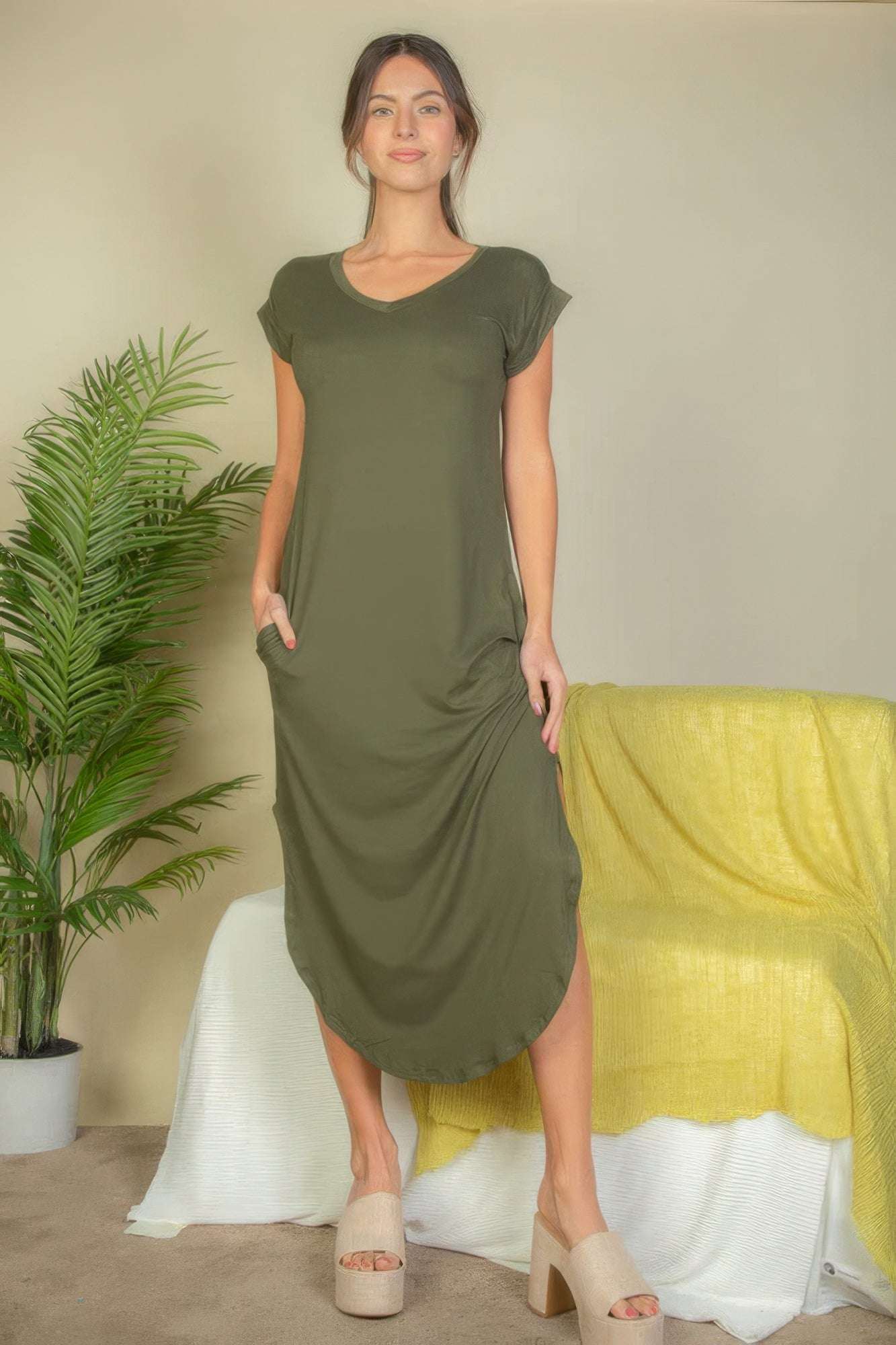 Hidden Pocket Batwing Sleeve V Neck Long Dress - The Diva Goddess