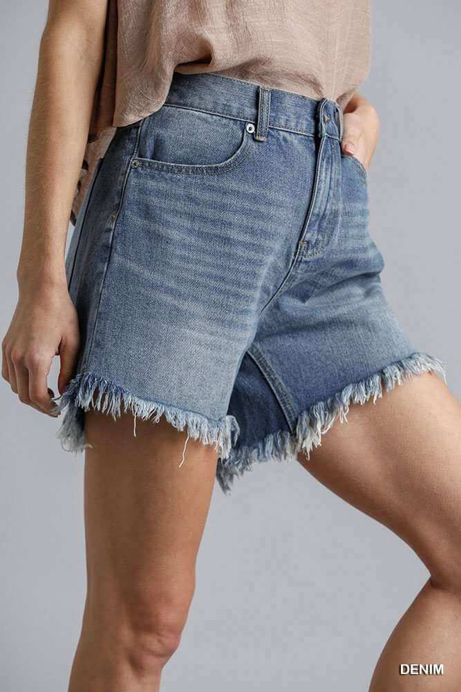 High Rise Denim Shorts With Raw Hem - The Diva Goddess