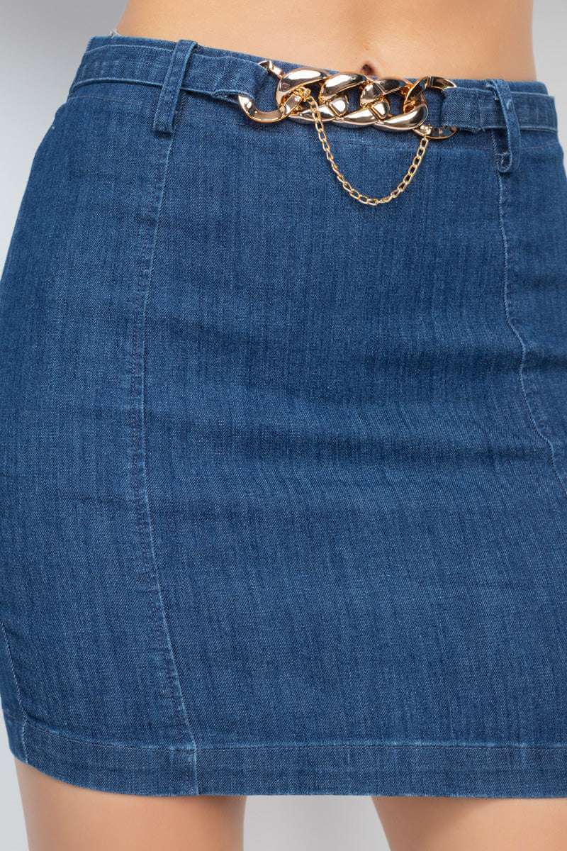 High-rise Belted Chain Denim Skirt - The Diva Goddess