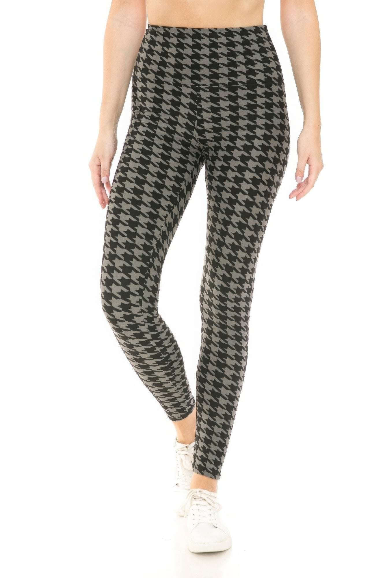 Houndstooth Print High Waist Leggings With 5 Yoga Style Waistband - The Diva Goddess