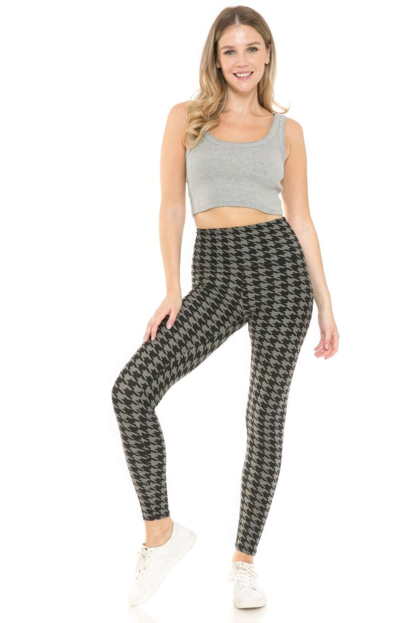 Houndstooth Print High Waist Leggings With 5 Yoga Style Waistband - The Diva Goddess