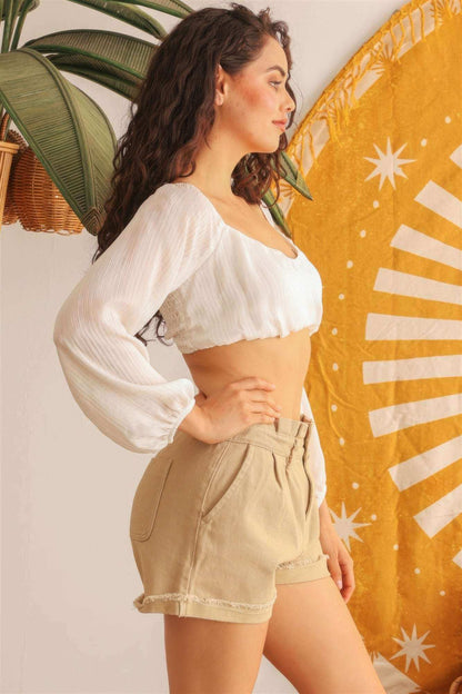 Ivory Puff Long Sleeve Smocked Back Crop Top - The Diva Goddess