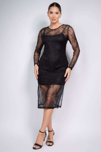 Lace Rhinestone-studded Slit Midi Dress - The Diva Goddess