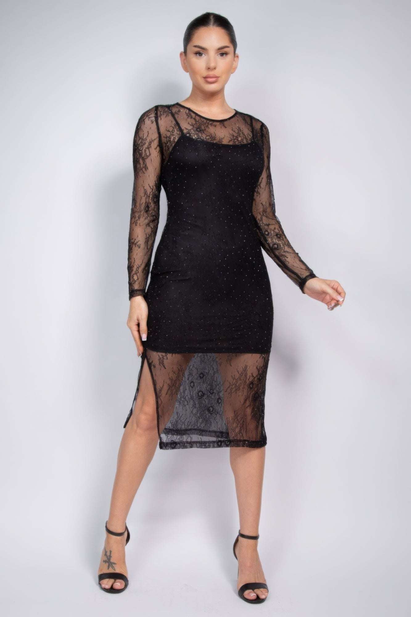 Lace Rhinestone-studded Slit Midi Dress - The Diva Goddess