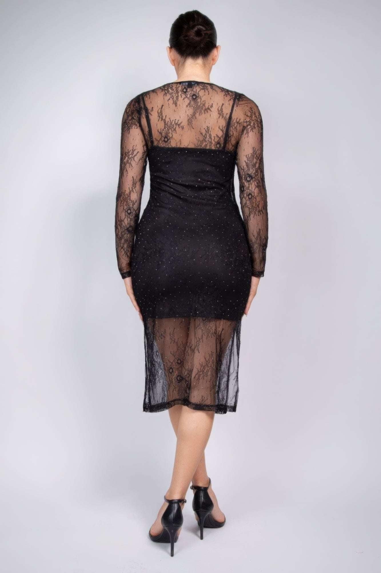 Lace Rhinestone-studded Slit Midi Dress - The Diva Goddess