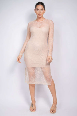 Lace Rhinestone-studded Slit Midi Dress - The Diva Goddess