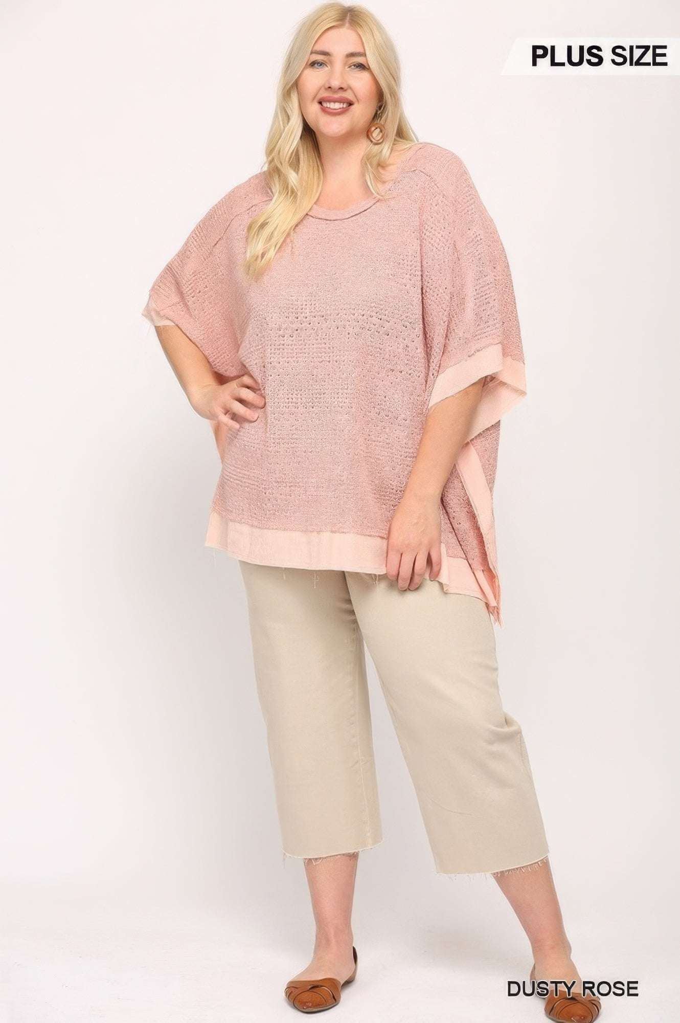 Light Knit And Woven Mixed Boxy Top With Poncho Sleeve - The Diva Goddess