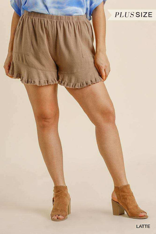 Linen Blend Elastic Waist Ruffle Hem Shorts With Pockets - The Diva Goddess