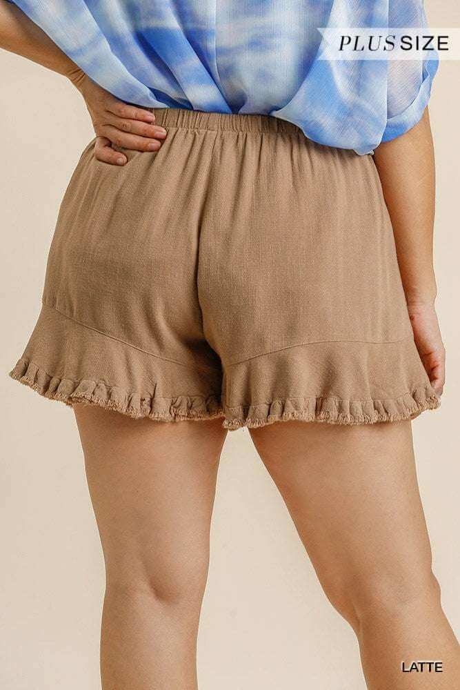 Linen Blend Elastic Waist Ruffle Hem Shorts With Pockets - The Diva Goddess