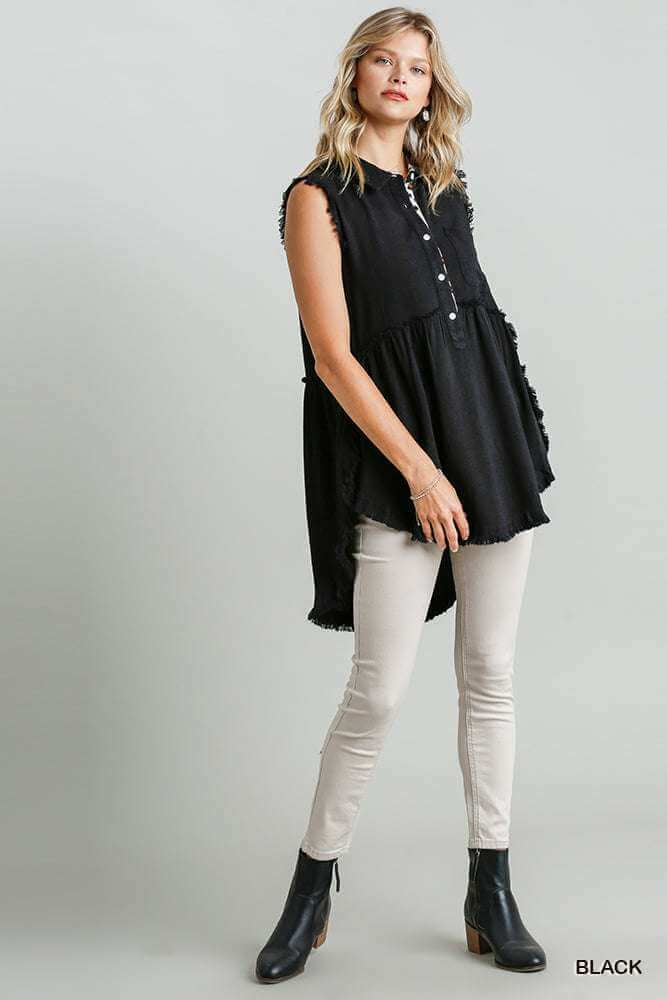 Linen Blend Sleeveless Button Front Tunic With Frayed Round Hems - The Diva Goddess