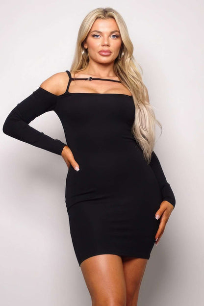 Long Sleeve Cuff Front Strap Mini Dress - The Diva Goddess