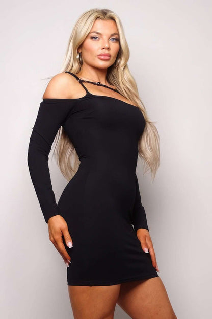 Long Sleeve Cuff Front Strap Mini Dress - The Diva Goddess