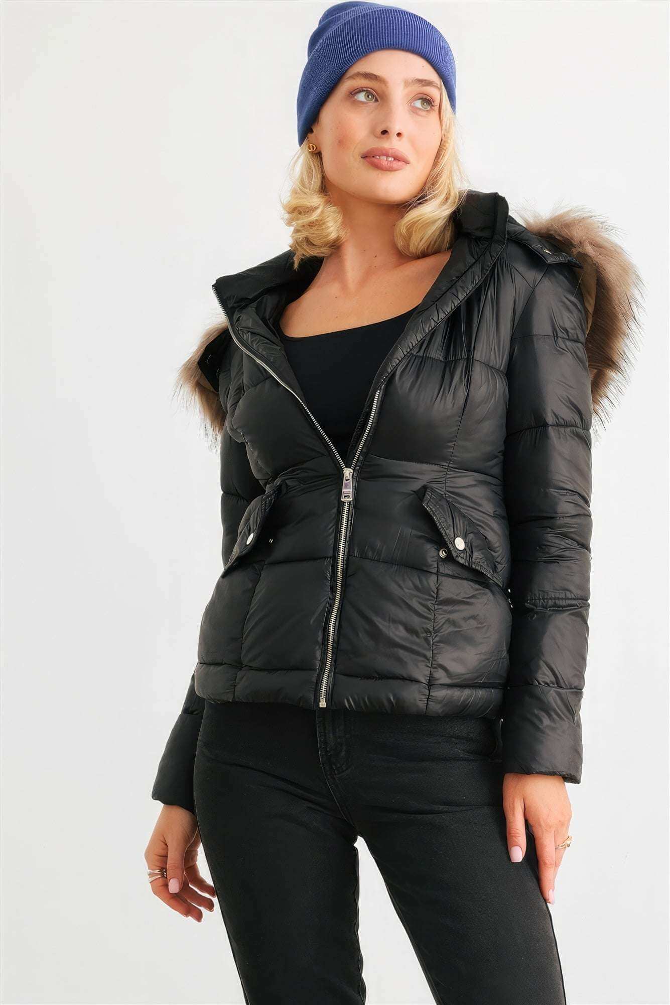 Long Sleeve Faux Fur Hood Padded Water Resistant Finish Jacket - The Diva Goddess