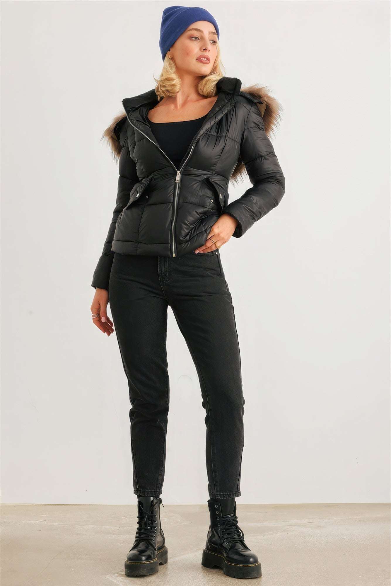 Long Sleeve Faux Fur Hood Padded Water Resistant Finish Jacket - The Diva Goddess