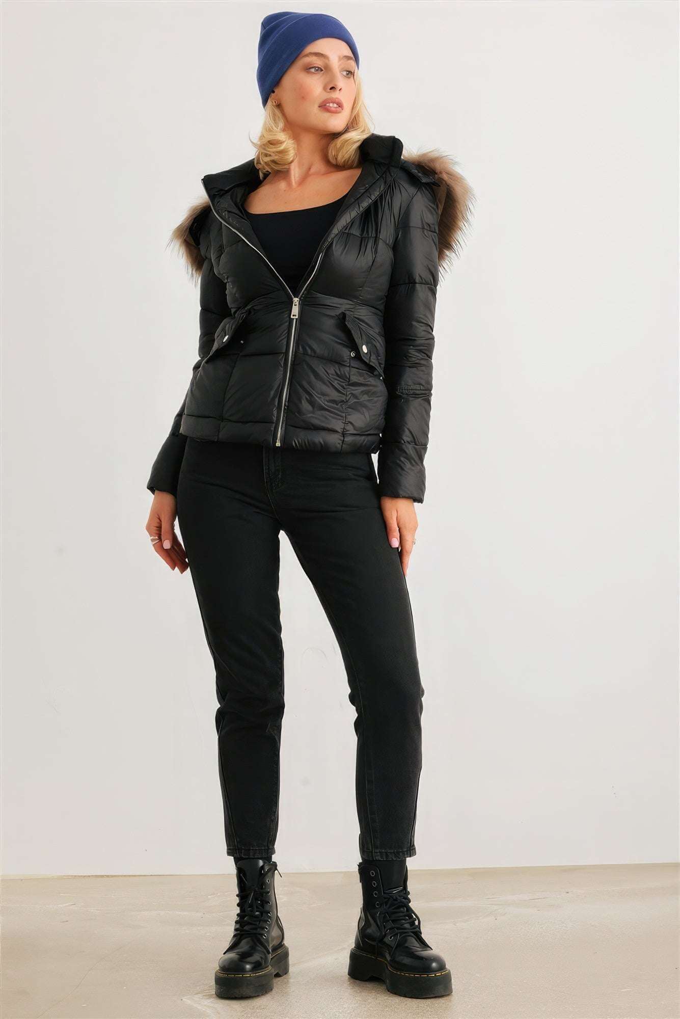 Long Sleeve Faux Fur Hood Padded Water Resistant Finish Jacket - The Diva Goddess