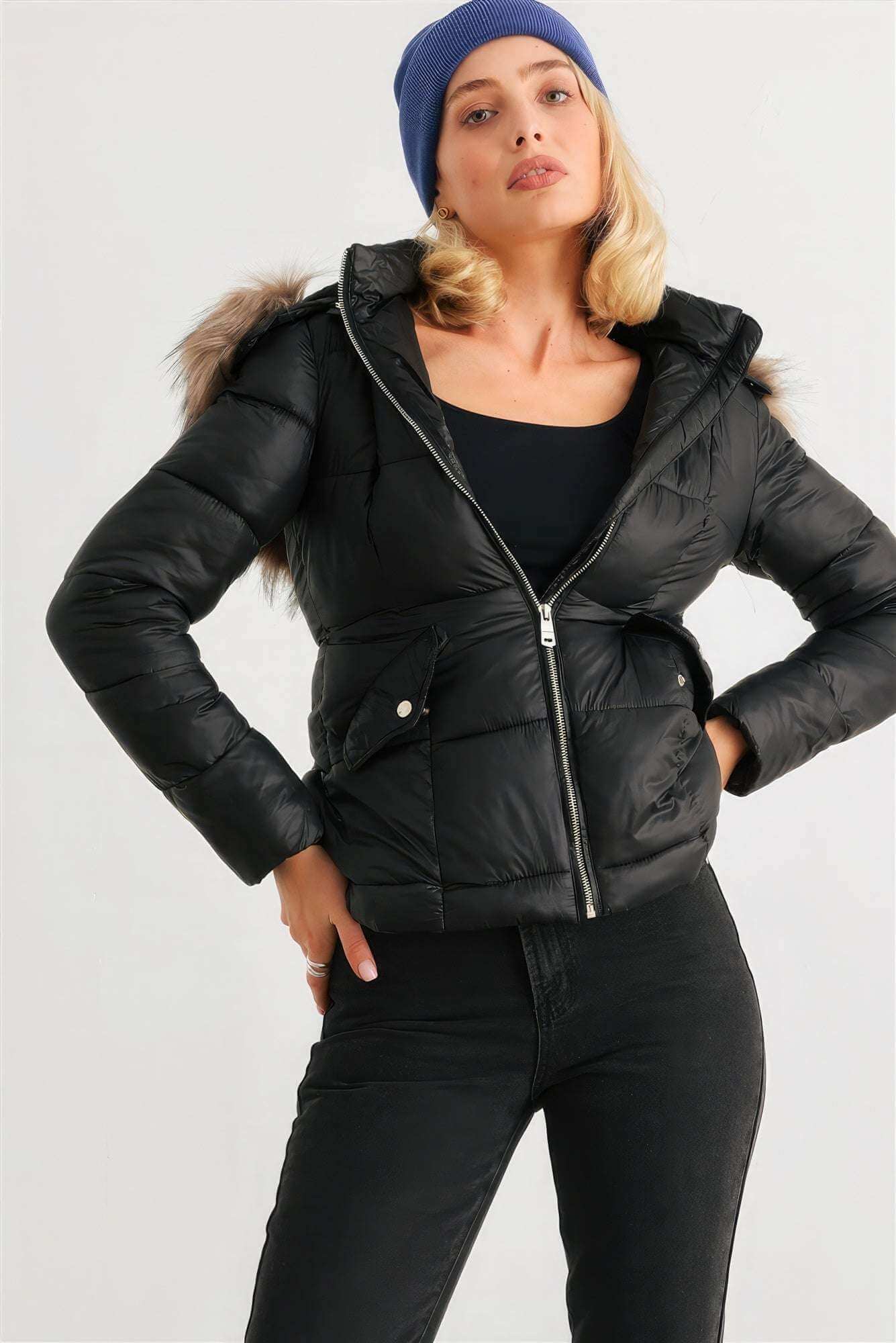 Long Sleeve Faux Fur Hood Padded Water Resistant Finish Jacket - The Diva Goddess