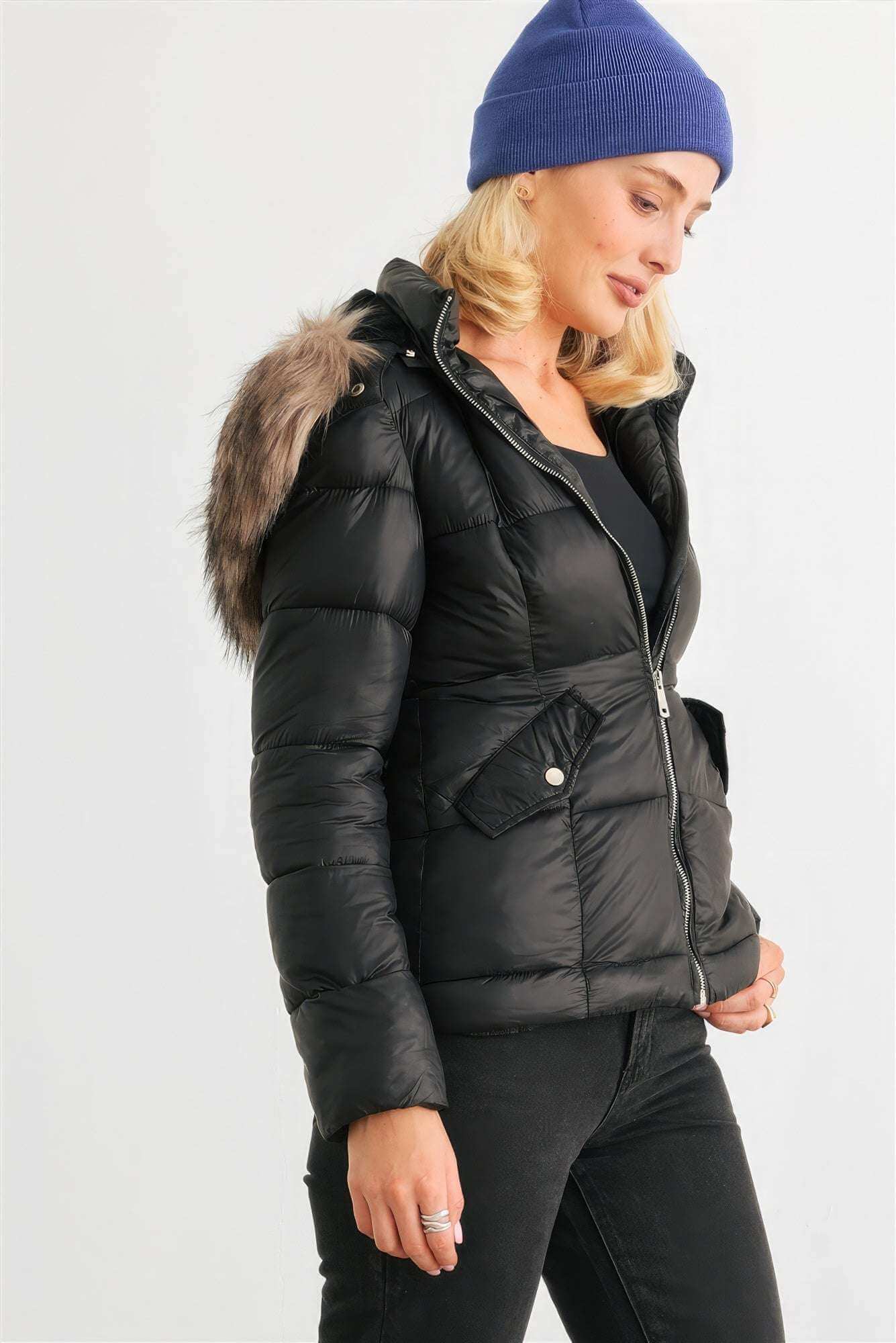 Long Sleeve Faux Fur Hood Padded Water Resistant Finish Jacket - The Diva Goddess