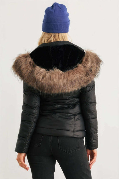 Long Sleeve Faux Fur Hood Padded Water Resistant Finish Jacket - The Diva Goddess