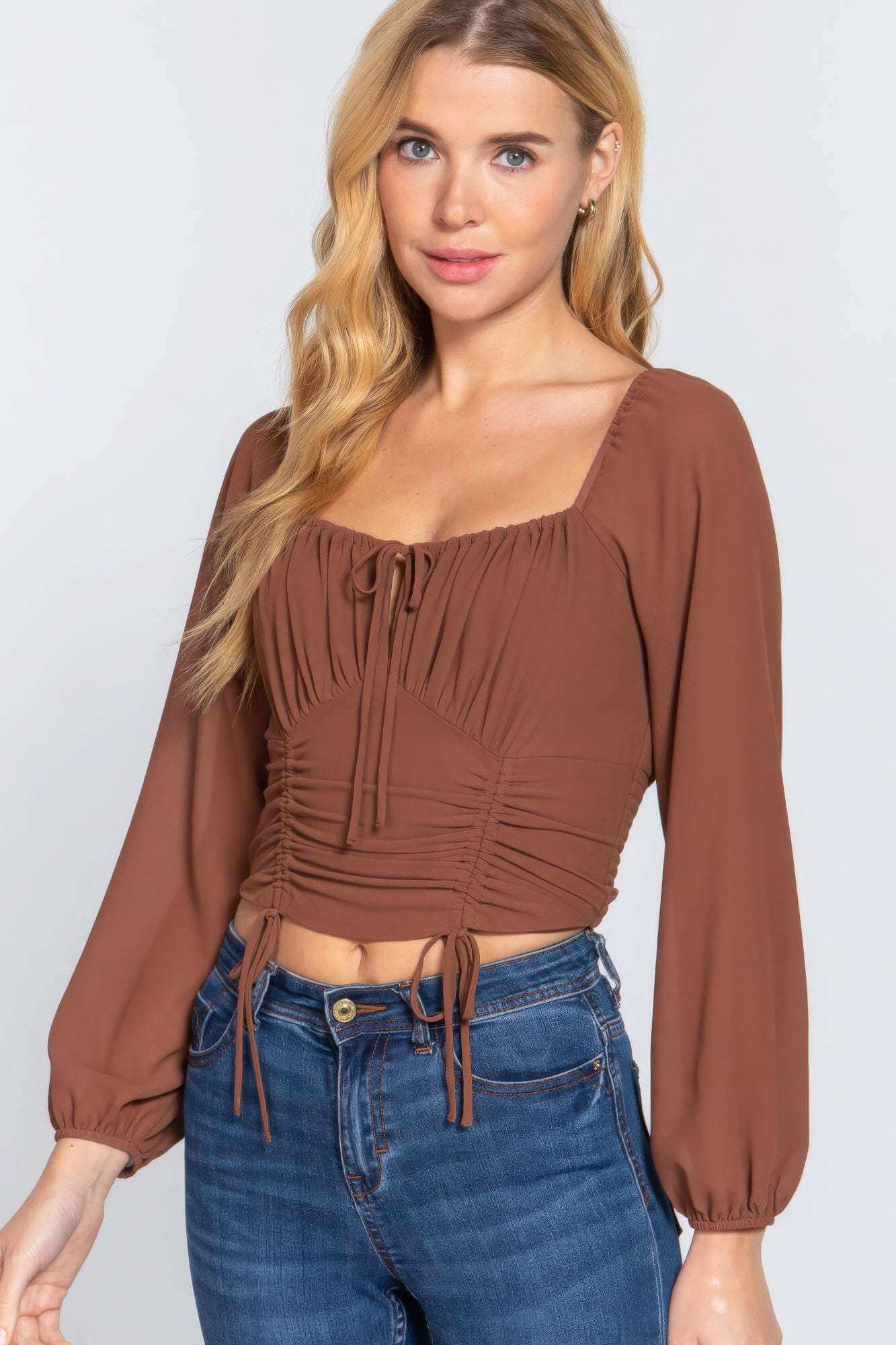 Long Sleeve Front Tied Ruched Detail Woven Top - The Diva Goddess