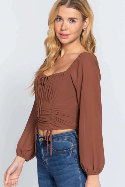 Long Sleeve Front Tied Ruched Detail Woven Top - The Diva Goddess