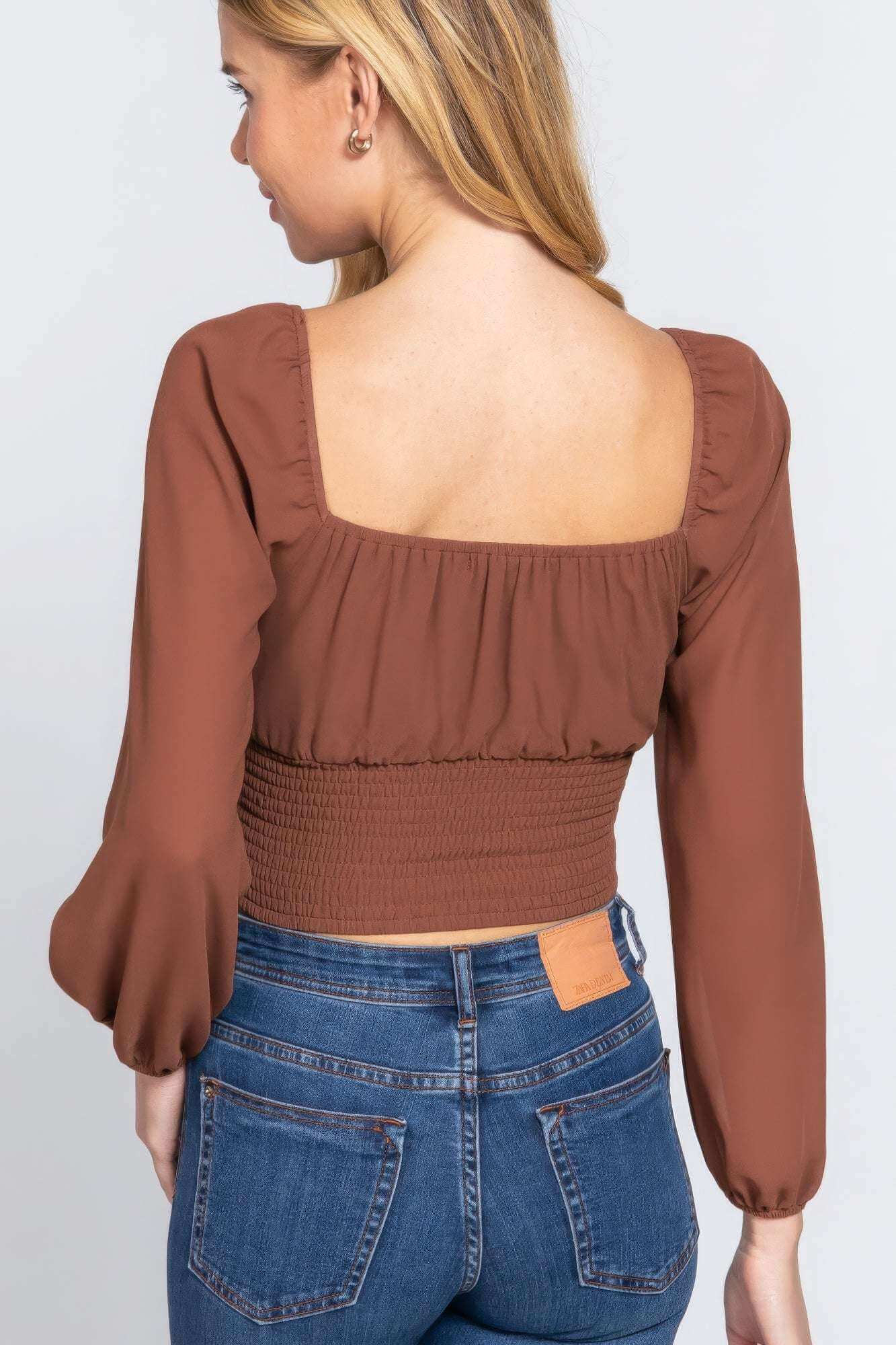 Long Sleeve Front Tied Ruched Detail Woven Top - The Diva Goddess