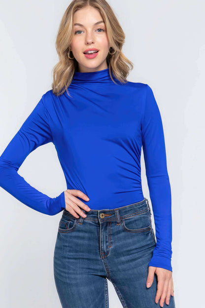 Long Sleeve High Neck Shirring Detail Ity Knit Bodysuit - The Diva Goddess