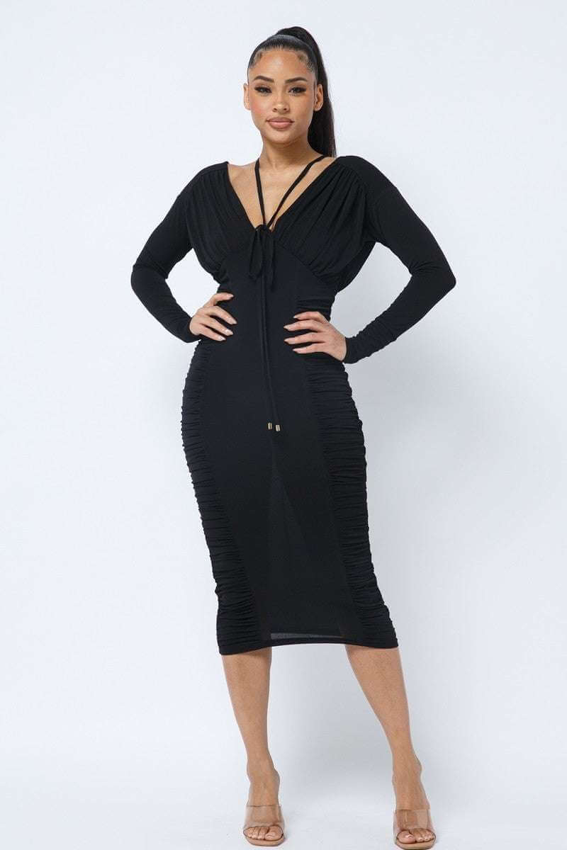 Long Sleeve Midi Dress With Low V Neck Front And Back With Ruching On Sides And Chest - The Diva Goddess