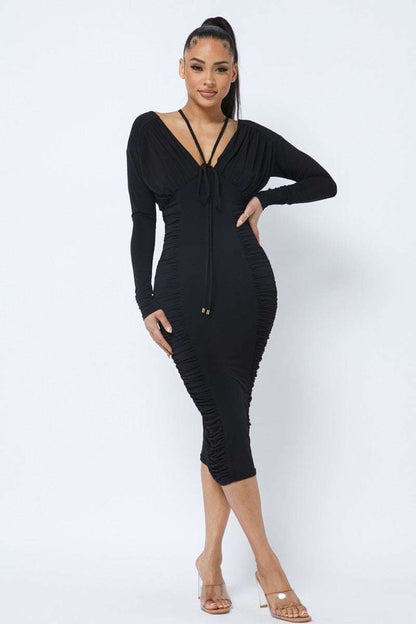 Long Sleeve Midi Dress With Low V Neck Front And Back With Ruching On Sides And Chest - The Diva Goddess