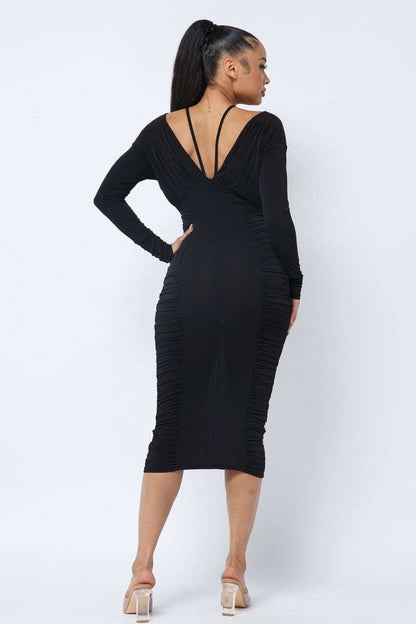 Long Sleeve Midi Dress With Low V Neck Front And Back With Ruching On Sides And Chest - The Diva Goddess