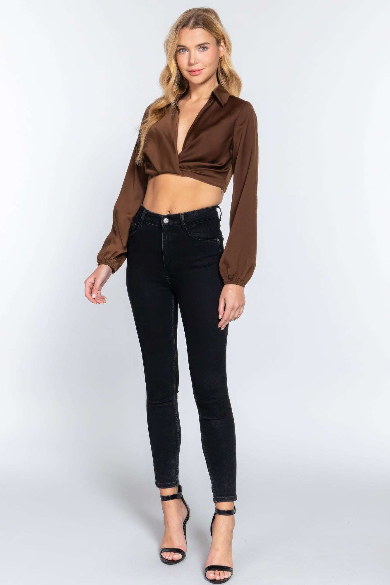 Long Sleeve Notched Collar Front Twisted Detail Crop Woven Top - The Diva Goddess