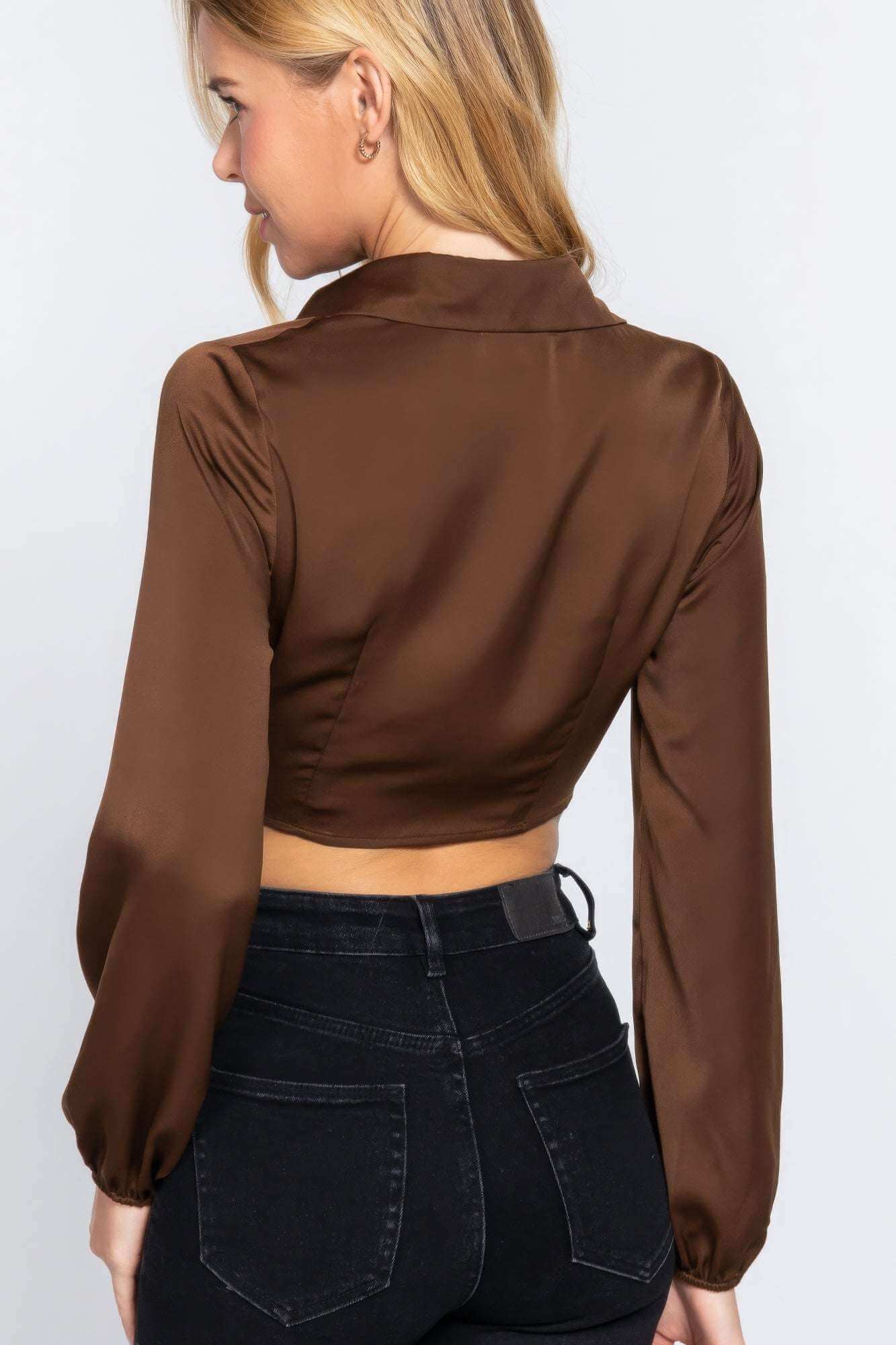 Long Sleeve Notched Collar Front Twisted Detail Crop Woven Top - The Diva Goddess