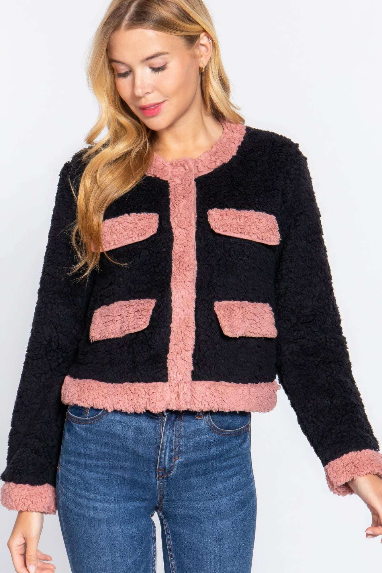 Long Sleeve Pocket Detail Faux Fur Jacket - The Diva Goddess