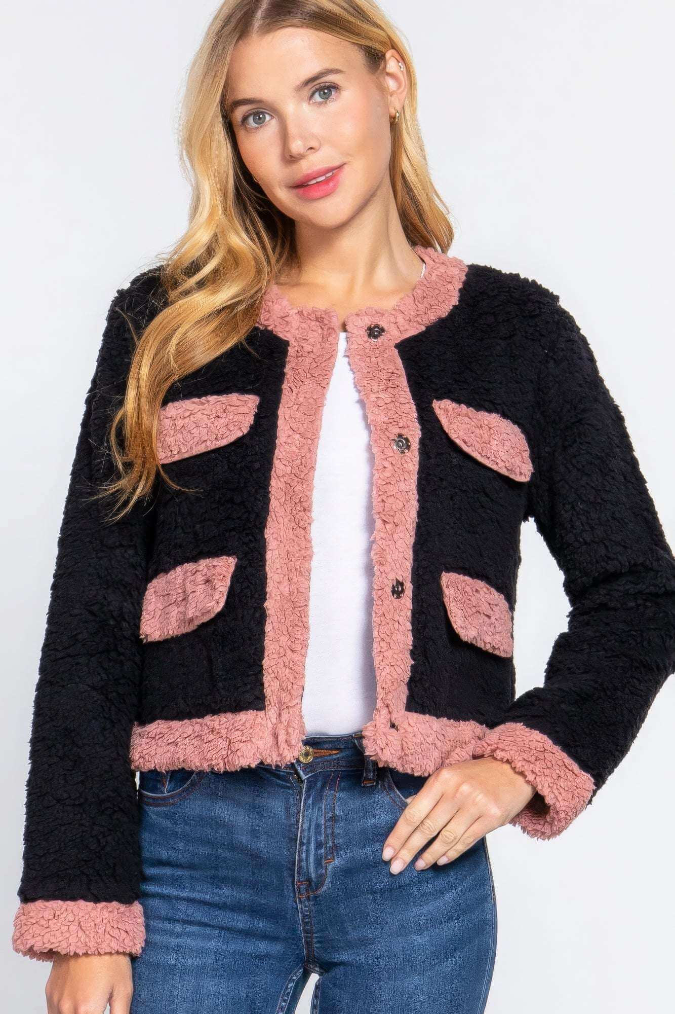 Long Sleeve Pocket Detail Faux Fur Jacket - The Diva Goddess