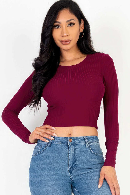 Long Sleeve Round Neck Basic Crop Top - The Diva Goddess