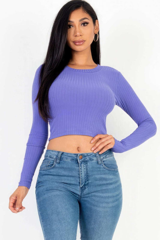 Long Sleeve Round Neck Basic Crop Top - The Diva Goddess