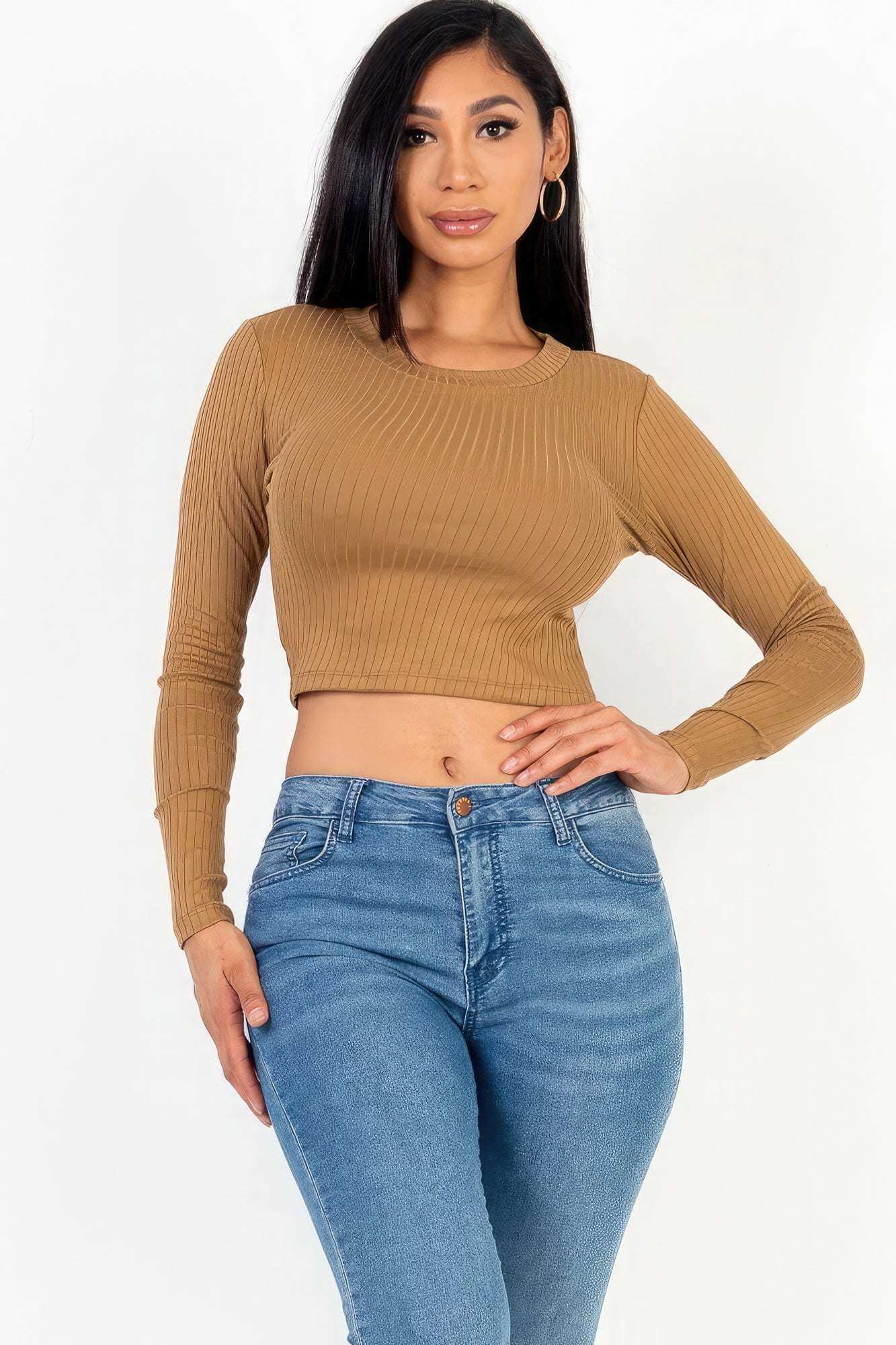 Long Sleeve Round Neck Basic Crop Top - The Diva Goddess