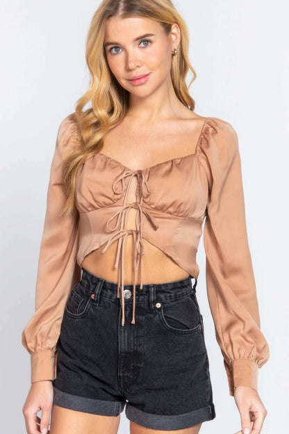 Long Sleeve Sweetheart Neck Front Ribbon Tie Detail Woven Top - The Diva Goddess