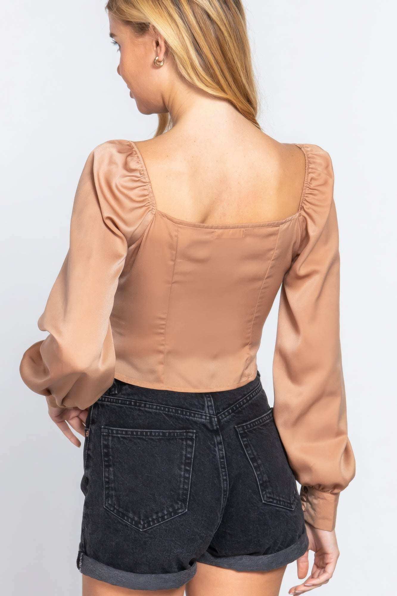 Long Sleeve Sweetheart Neck Front Ribbon Tie Detail Woven Top - The Diva Goddess